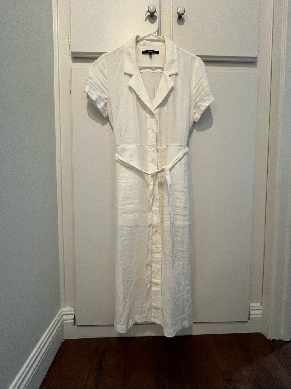 Quince Cream Button-Front Midi Shirt Dress with Tie Waist